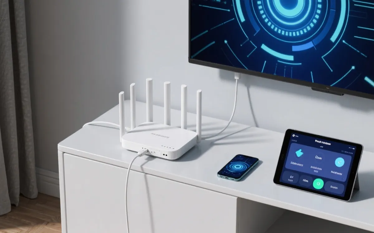 路由器与电视网线连接、手机投屏的家庭网络示意